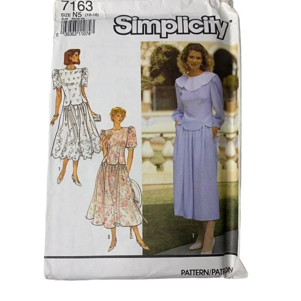 Vintage 90s Simplicity 7163 Pattern Misses 4-22 Two Piece Dress Gathered Uncut